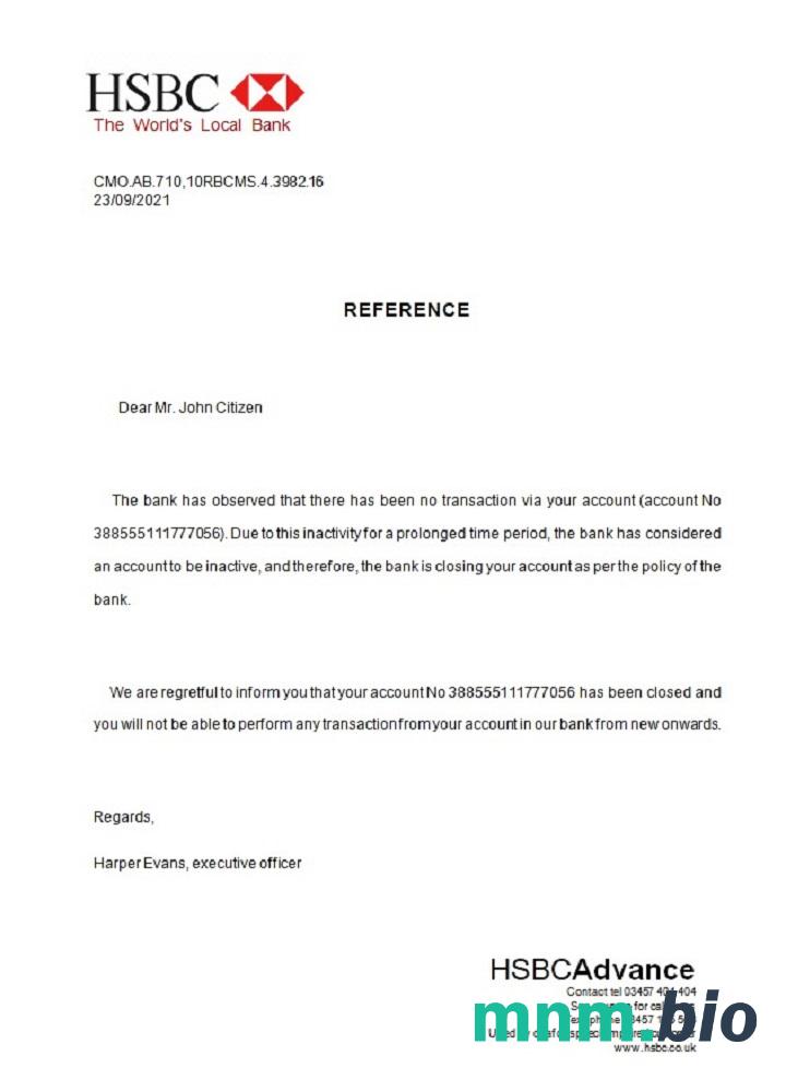 Przykład odniesienia zamknięcia HSBC w Wielkiej Brytanii w formatach Word i PDF
